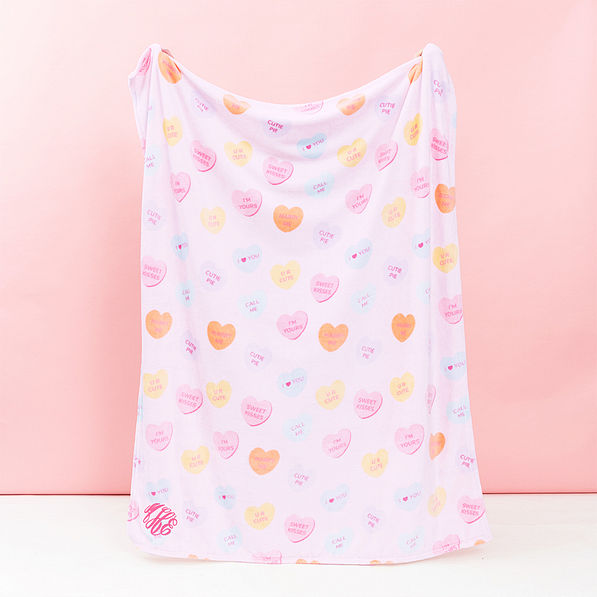 conversation hearts plush blanket studio shot