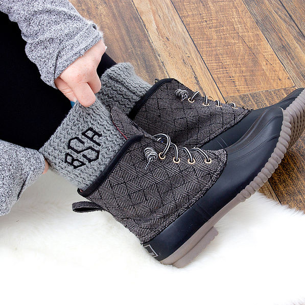 gray monogrammed boot cuffs with duck boots