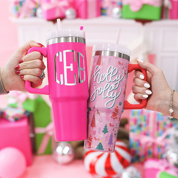 monogrammed hot pink and holly jolly christmas tumbler together