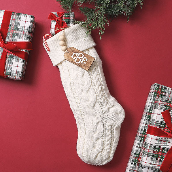 christmas personalized wooden tag on stocking