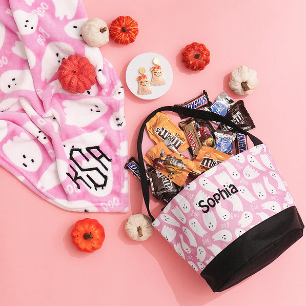 monogrammed pink ghosties blanket and kids halloween bag
