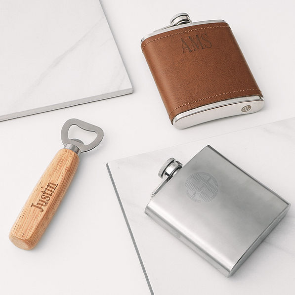 monogrammed wooden bottle opener with silver and leather flask