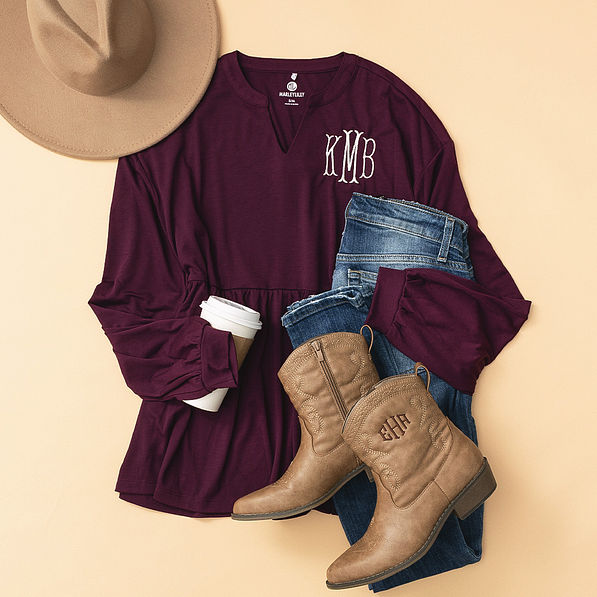 plum monogrammed peplum top ootd