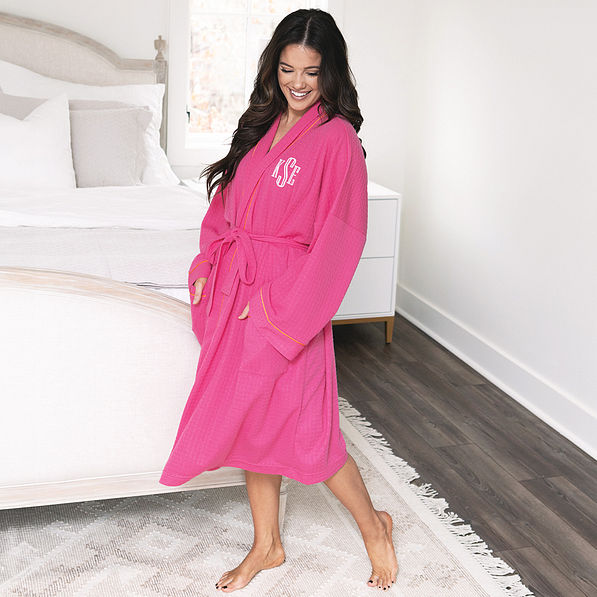 girl wearing hot pink monogrammed waffle robe