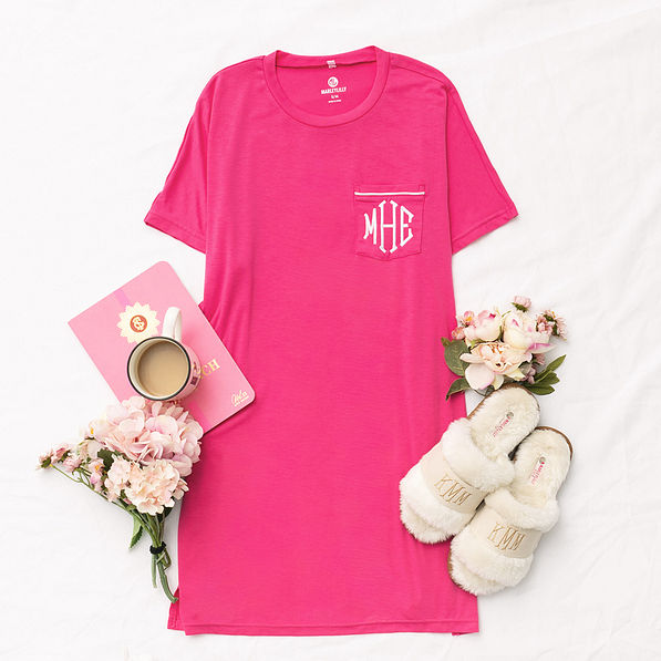 monogrammed sleep tee in hot pink outfit