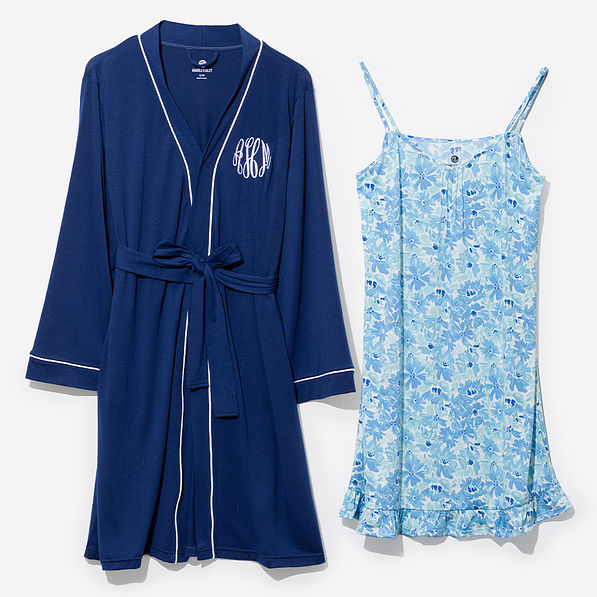Monogrammed Nightgown Robe Set in Blue Botanical