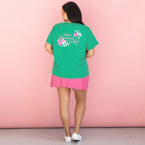 green golf tournament t-shirt on julia ann - back view