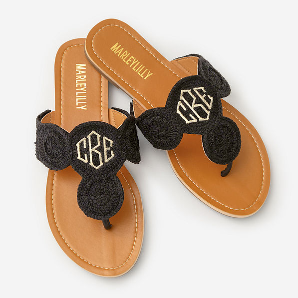 Monogrammed Crochet Sandals in Black