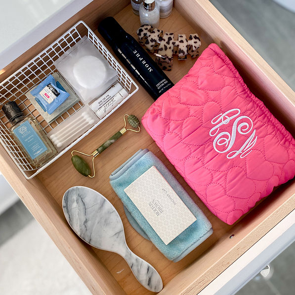 heart cosmetic bag in cosmetic drawer