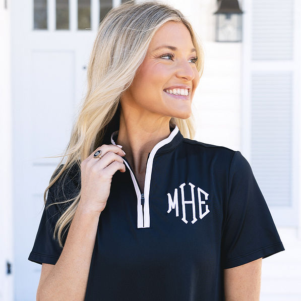 close up of girl wearing personalized black quarter zip sweatshirt