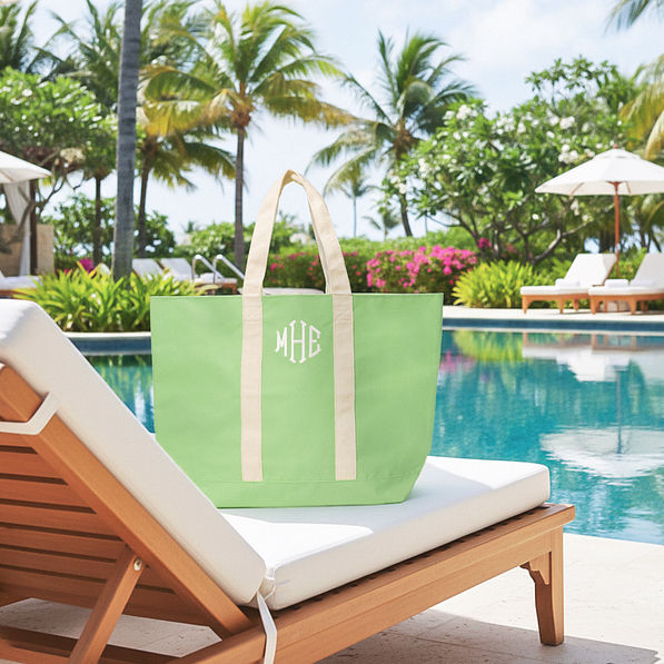 lime monogrammed waterproof tote at pool
