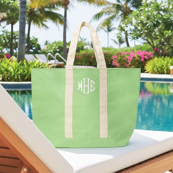 lime monogrammed waterproof tote at pool up close