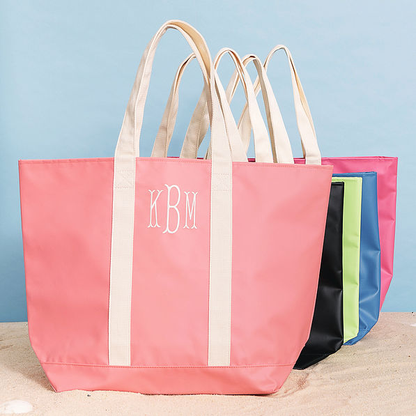 monogrammed waterproof tote in lime coral black blue and hot pink