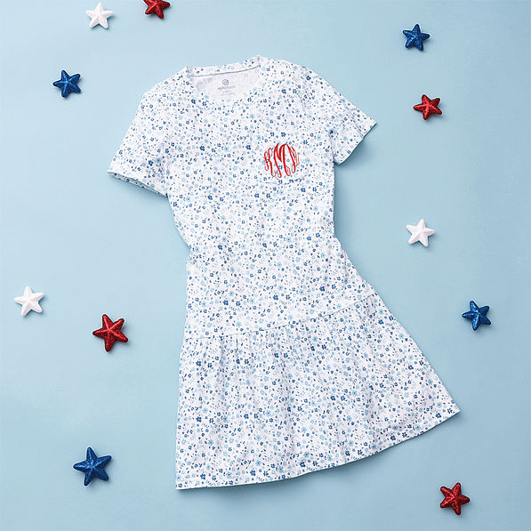 americana dress flatlay with red monogram