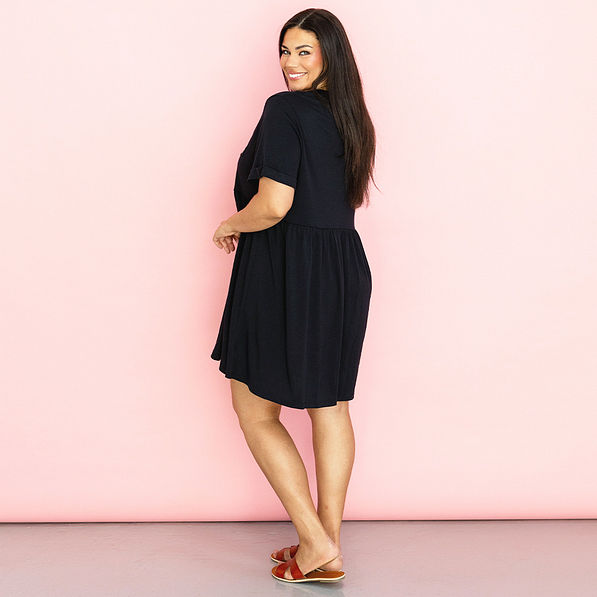 black split neck gathered dress on julia ann