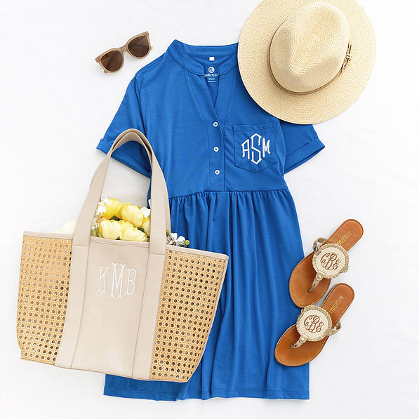 blue split neck gathered dress flatlay