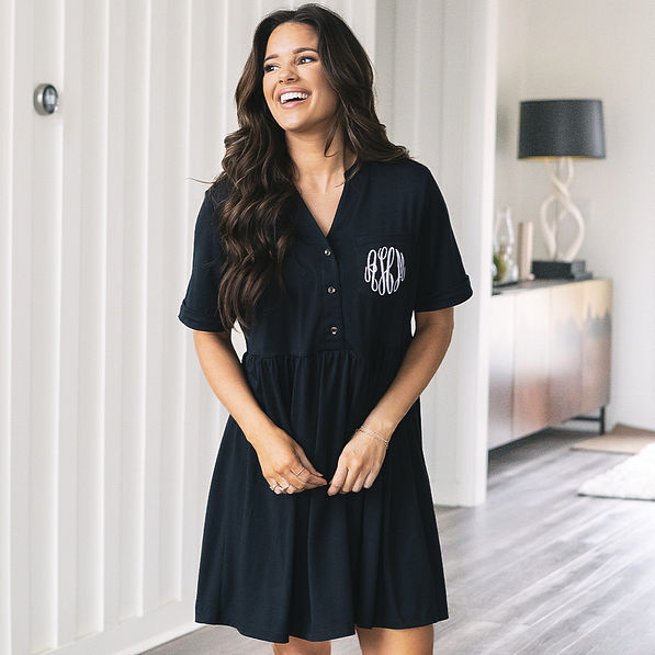 girl wearing black personalized split neck gathered dress