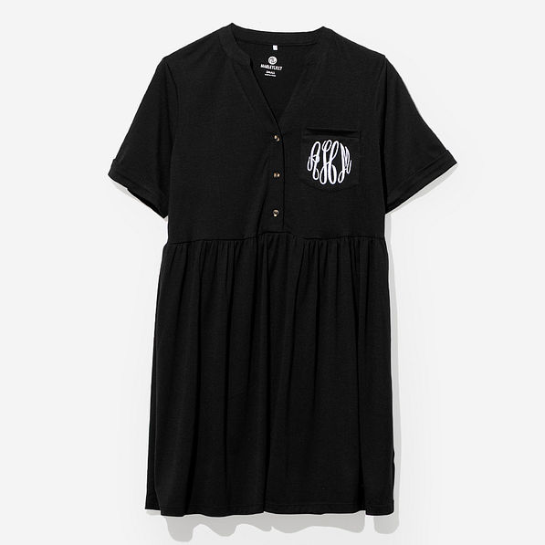 monogrammed split neck gathered dress in black