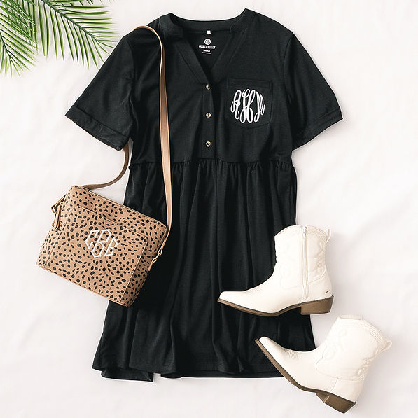 split neck gathered monogrammed dress with classic crossbody ootd