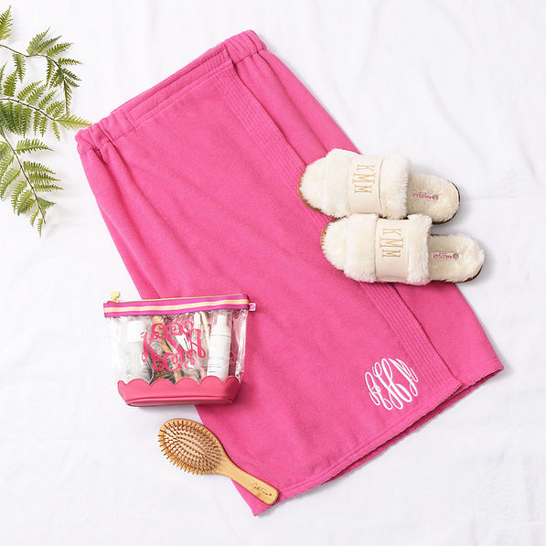 hot pink towel wrap flatlay