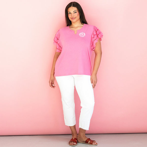 light pink flutter sleeve top on julia