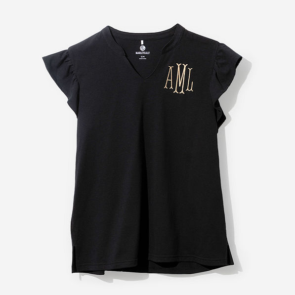 Monogrammed Flutter Sleeve Top in Black