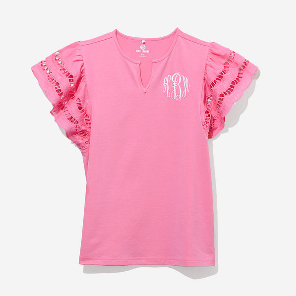 Monogrammed Flutter Sleeve Top in Light Pink 2026