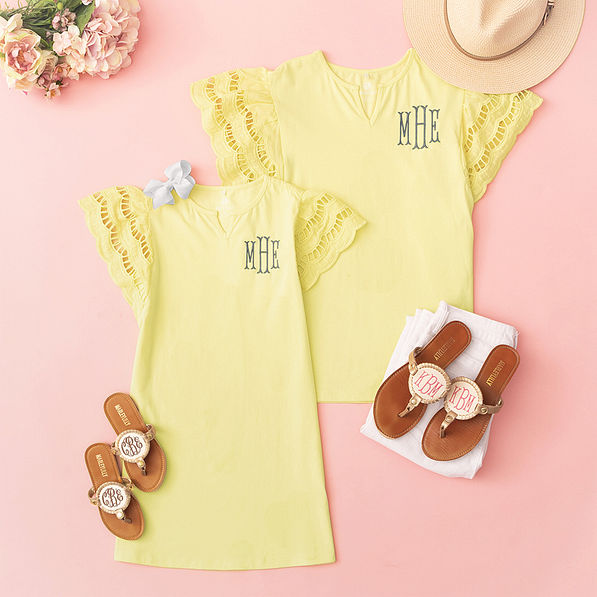 mom and me monogrammed flutter sleeve tops in soft yellow