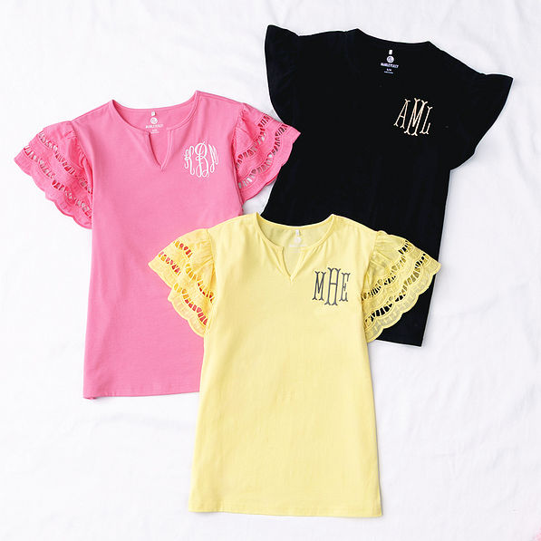 monogrammed flutter sleeve top in soft yellow how pink and black