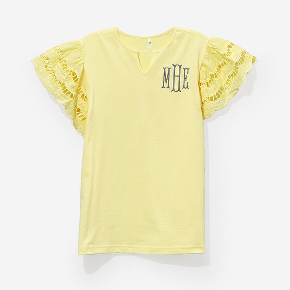 monogrammed flutter sleeve top in soft yellow