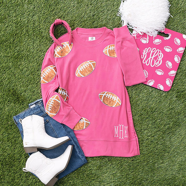 hot pink football monogrammed sweatshirt with seat cushion