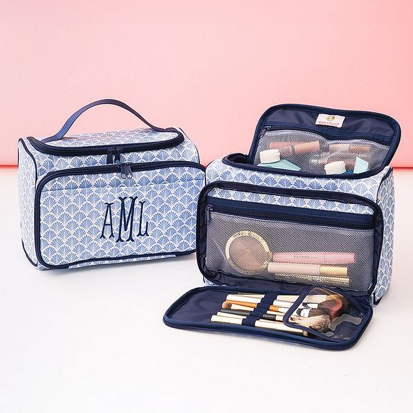 personalized carry all toiletry case in blue shells open and closed