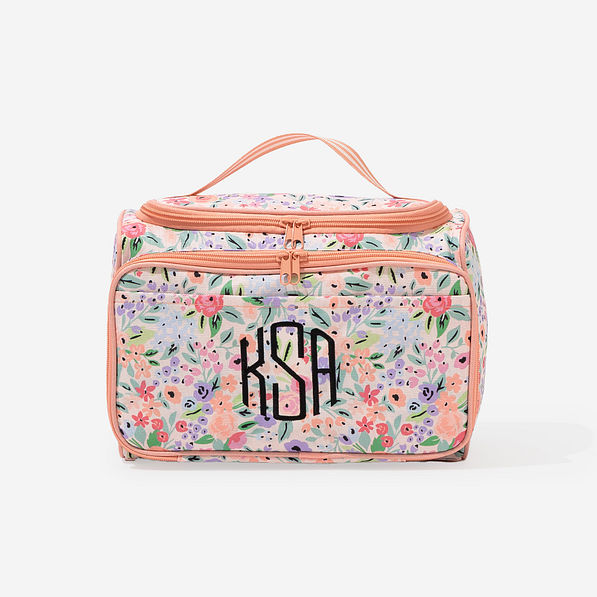 monogrammed carry all toiletry case in coral floral