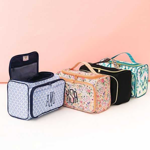 monogrammed carry all toiletry case in blue shells coral floral black and bermuda ikat