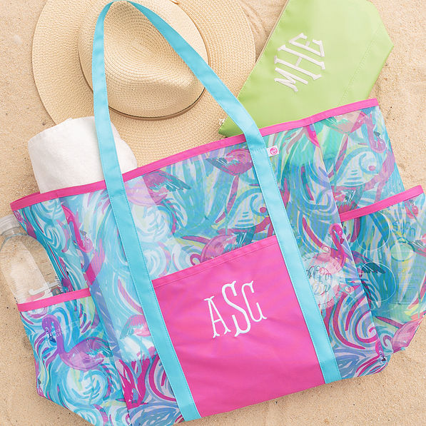 personalized mesh tote in flamingo splish splash packed