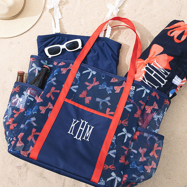 americana bows monogrammed mesh tote on sand
