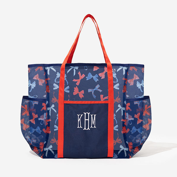 monogrammed mesh tote in americana bows