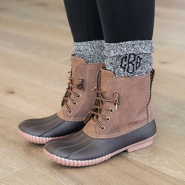 black monogrammed socks with scalloped duck boots
