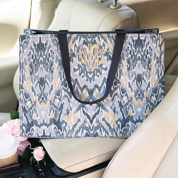 gray ikat personalized basic tote bag in car