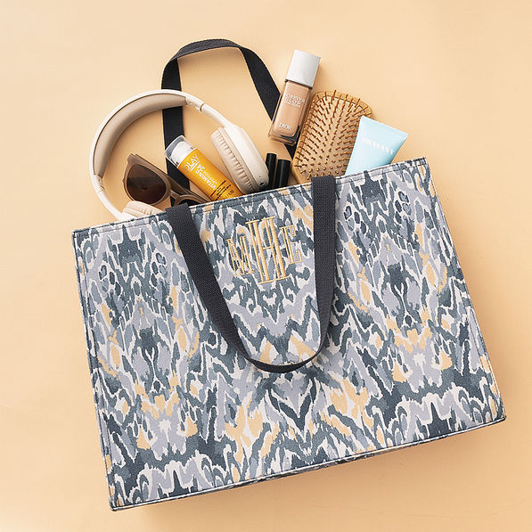 grey ikat monogrammed basic tote bag packed