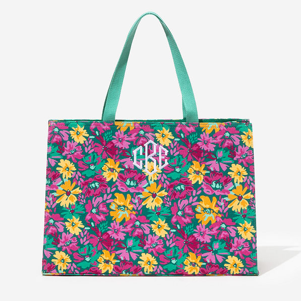 monogrammed basic tote bag in teal botanical