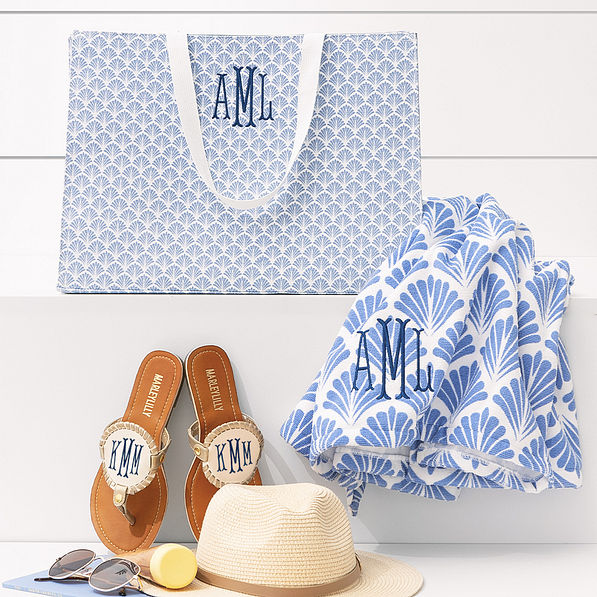 blue shells monogrammed basic tote bag and beach towel