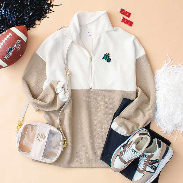 coastal carolina chanticleers tan quilted pullover tunic with gameday football accessories