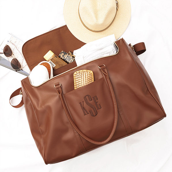 brown weekend travel bag flatlay