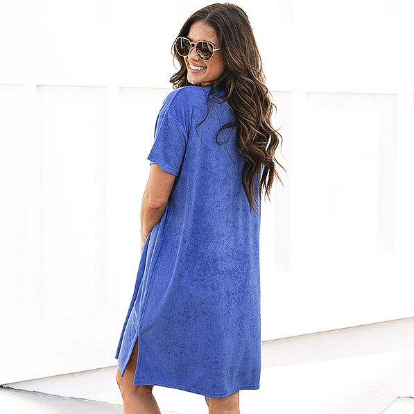 close up of blue terry monogrammed cover up dress