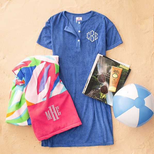 personalized blue terry cover up dress with beach towel
