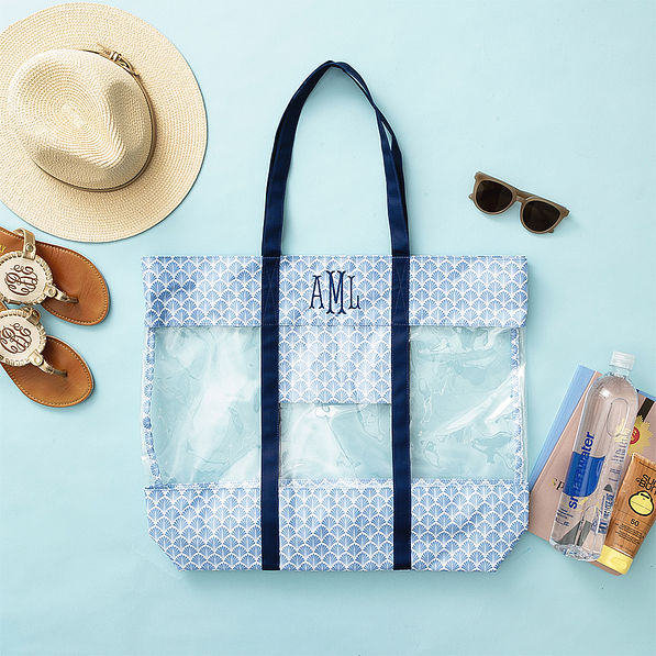blue shells clear beach tote flatlay