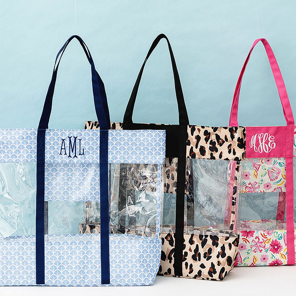 clear beach tote in blue shells cheetah and painted petals