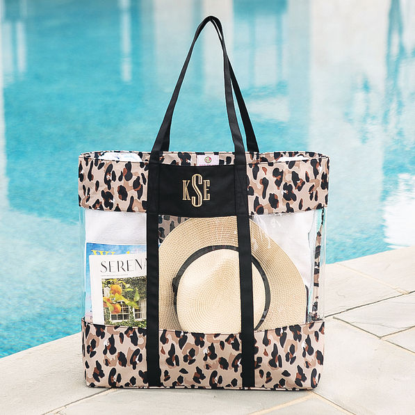 clear classic cheetah beach monogrammed tote at pool