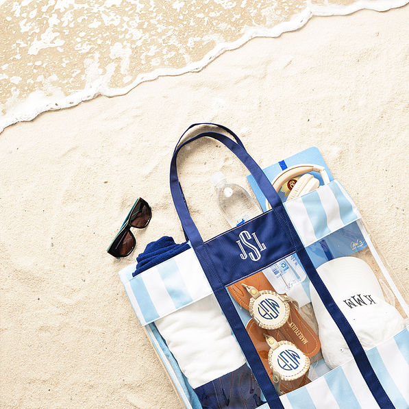 navy clear beach tote on sand